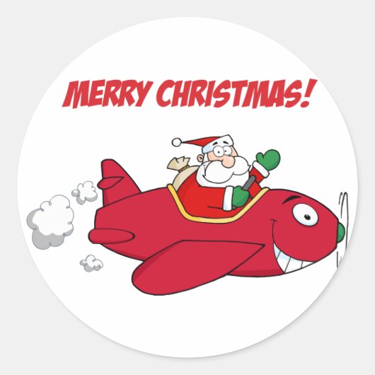 Stickers—Santa in Plane Ronde Sticker (Voorkant)