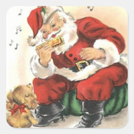 Stickers: Santa Spelen de Harmonica voor een Puppy Vierkante Sticker