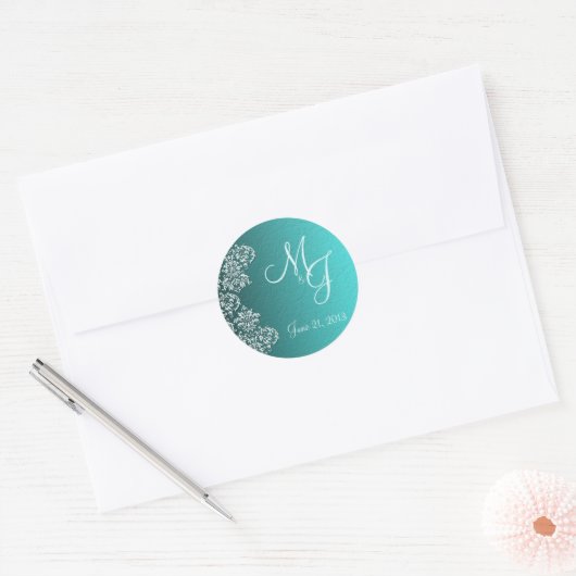 Stickers van de Damask Turquoise Wedding Round (Envelop)