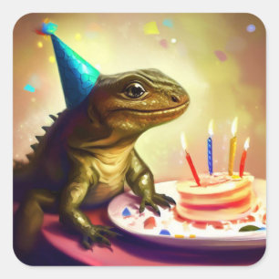 Stickers van de verjaardag met hagedis en Cake
