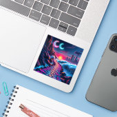 Stickers van Neon City Skyline Pathway (Laptop met iPhone)