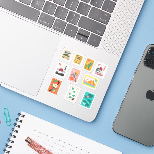 Stickers voor postzegels (Laptop met iPhone)