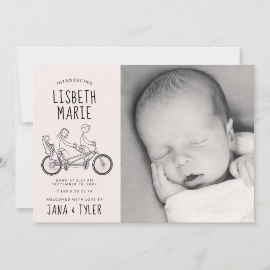 Stickfiguren op tandem fiets met baby zetel kaart (Voorkant)