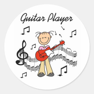 Stickfiguur Meisje Gitaarspeler T-shirts en Cadeau Ronde Sticker