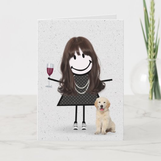 Stickfiguur verjaardagsmeisje met hond kaart (Voorkant)