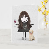 Stickfiguur verjaardagsmeisje met hond kaart (Gele Bloem)