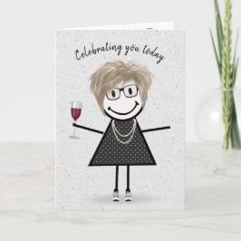 Stickfiguur verjaardagsmeisje met rode wijn kaart