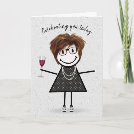Stickfiguur verjaardagsmeisje met wijnglas kaart