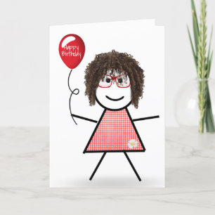 Stickfiguurmeisje met rode verjaardagsballon kaart