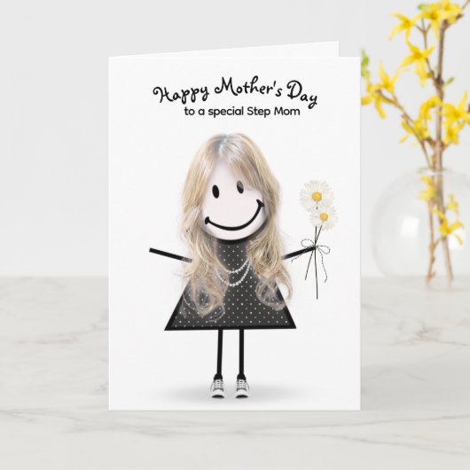 Stickfiguurmeisje Moederdag voor stiefmoeder   Kaart (Gele Bloem)