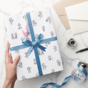 Stickfiguurmeisjes alledaags leven – Zwart op Wit Cadeaupapier