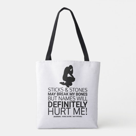 Sticks & Stones, Woke Satire Tote Bag (Achterkant)