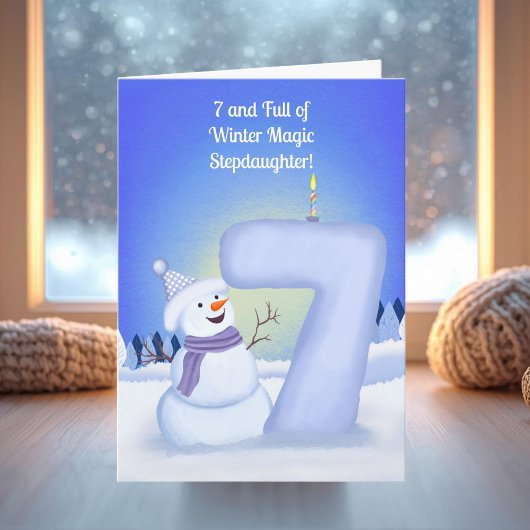 Stiefdochter Gefeliciteerd 7e verjaardag Sneeuwman Kaart
