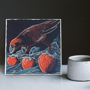 Stiekeme Amsel's Aardbeien Diefstal - Whimsisch Tegeltje