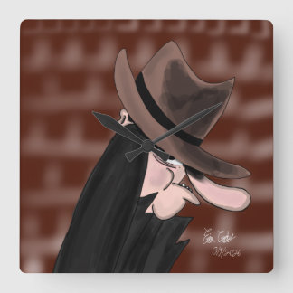 Stiekeme schurk cartoonpersonage vierkante klok
