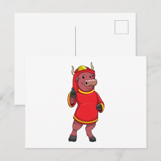 Stier als brandweerman met helm briefkaart (Voorkant / Achterkant)