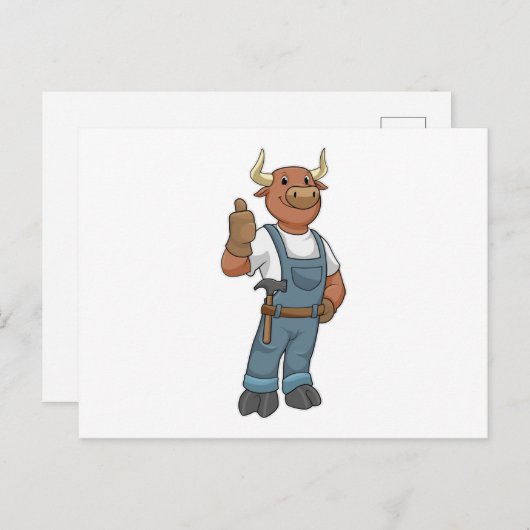 Stier als klusjesman met hamer briefkaart (Voorkant / Achterkant)