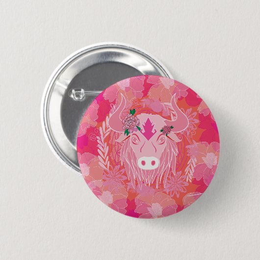 stier, bloem, blauw, mandala, zen, chakra ronde button 5,7 cm (Voorkant /achterkant)