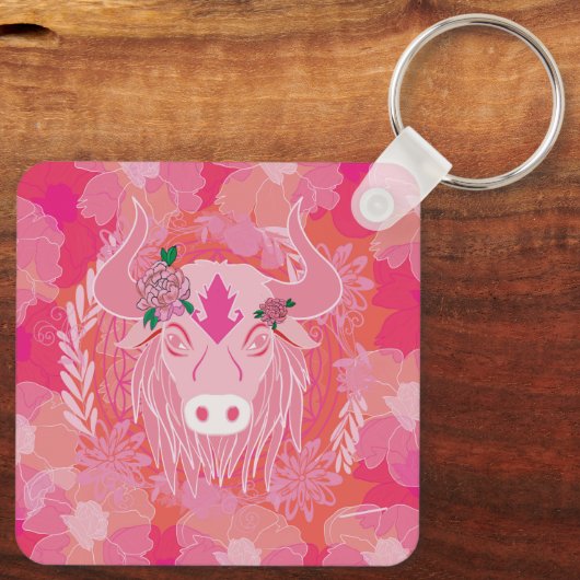 stier, bloem, blauw, mandala, zen, chakra sleutelhanger (Achterkant)