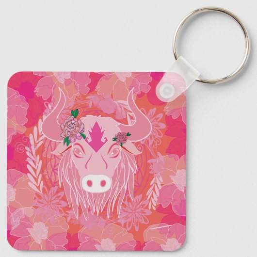 stier, bloem, blauw, mandala, zen, chakra sleutelhanger (Achterkant)