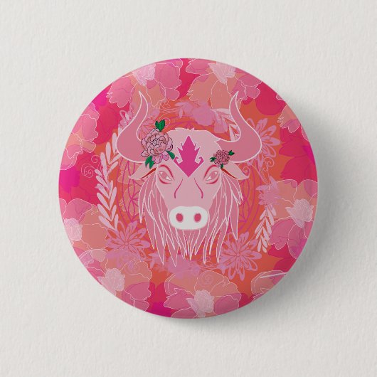 stier,bloem des levens, blauw, mandala,zen,chakra ronde button 5,7 cm (Voorkant)