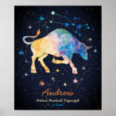 Stier Constellatie Zodiac Waterverf Sterrenstelsel Poster (Voorkant)