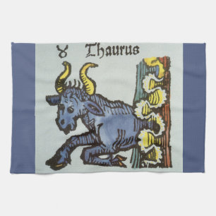 Stier de Bull, Vintage Tekens van de Dierenriem Theedoek