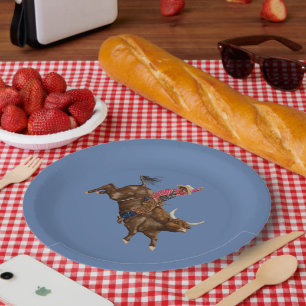  stier die een cowboy gebruikt papieren bordje