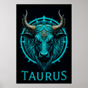 Stier Dierenriemsymbool in Levendig Blauw en Goud Poster