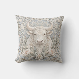 Stier Ivoor Blauwe Porselein Reliëf Stijl Kussen