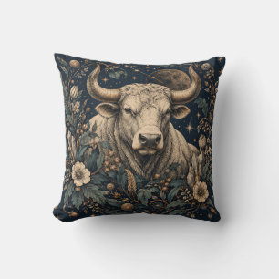Stier Midnight Botanische Gravure Kussen