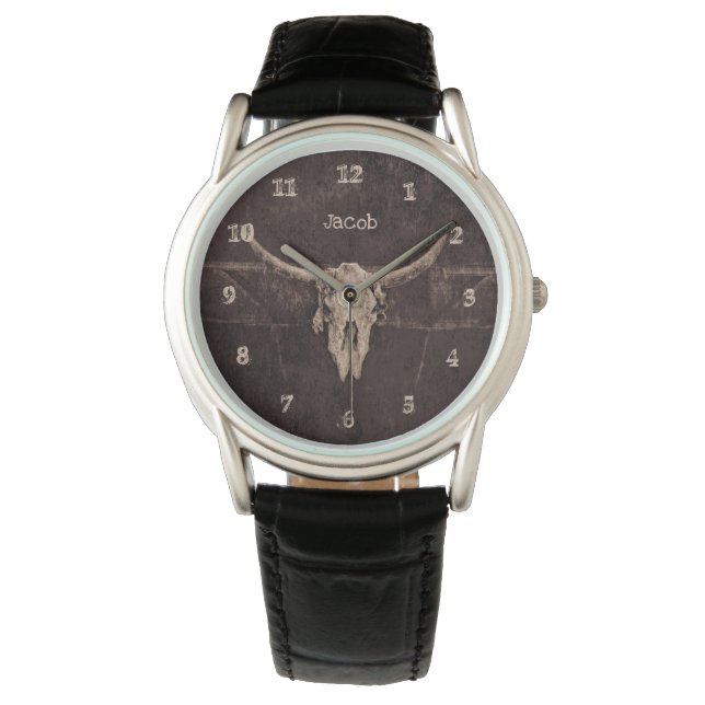 Stier Schedel Western Country Bruin Beige Oud Rust Horloge (Voorkant)