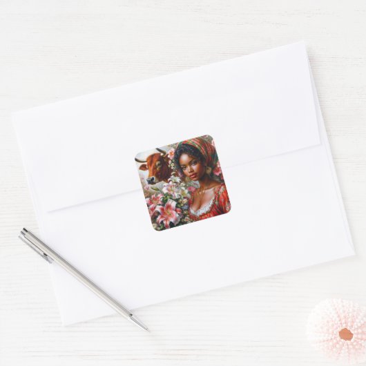 Stier Vrouw met stier Bloemen Vierkante Sticker (Envelop)