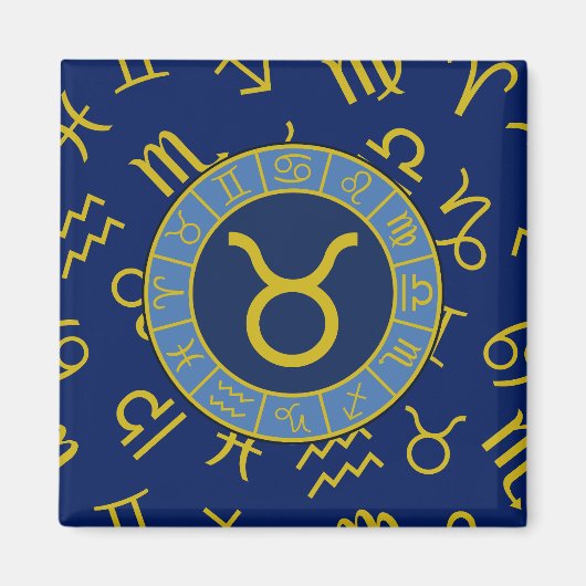 Stier Zodiac+Astrology Symbolen Patroon Gold+Blues Magneet (Voorkant)