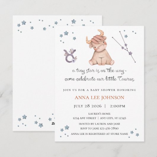 Stier Zodiac babyshower uitnodiging (Voorkant / Achterkant)
