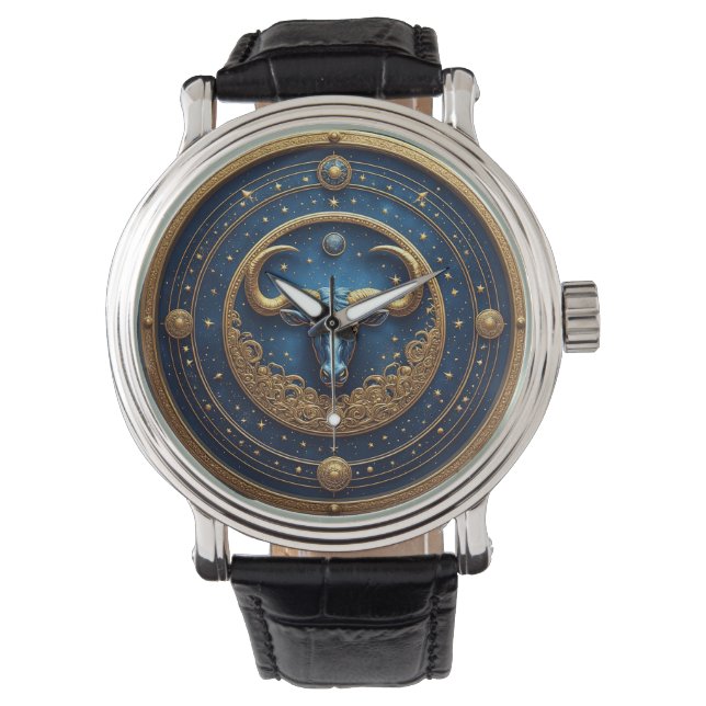 Stier Zodiac Stier Embleem Met Gouden Ring Horloge (Voorkant)