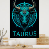 Stier Zodiac Symbool In Levendig Blauw En Goud Aas Poster (Keuken)