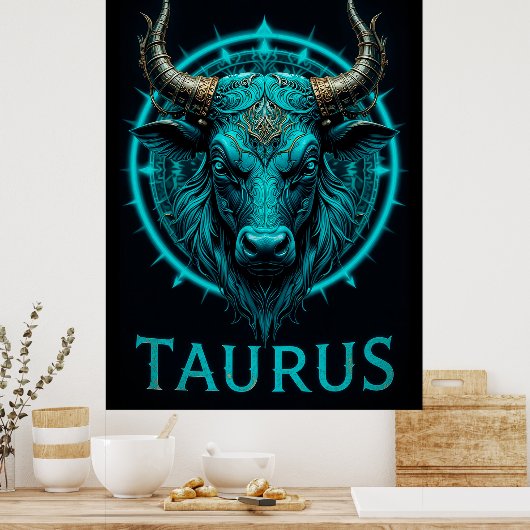Stier Zodiac Symbool In Levendig Blauw En Goud Aas Poster (Keuken)