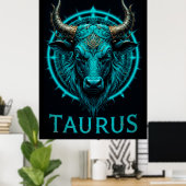 Stier Zodiac Symbool In Levendig Blauw En Goud Aas Poster (Thuiskantoor)