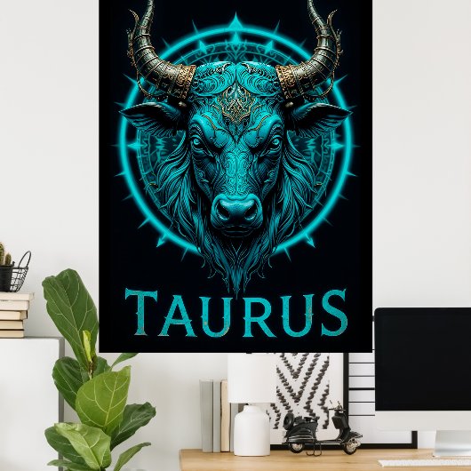 Stier Zodiac Symbool In Levendig Blauw En Goud Aas Poster (Thuiskantoor)
