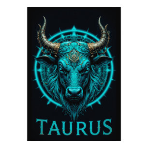 Stier Zodiac Symbool in Levendig Blauw en Goud Acc Foto Afdruk