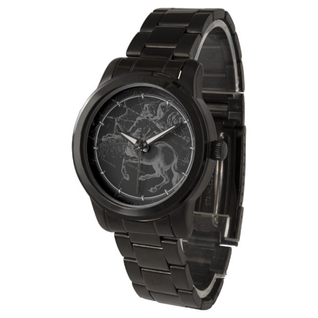 Stierbeeld Boogschutter Hevelius Kaart op Zwart Horloge (Gekanteld)