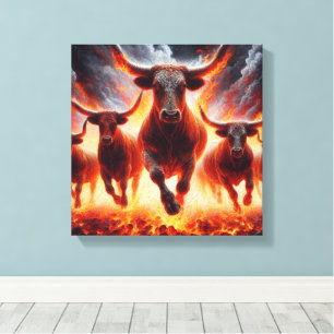 Stieren die door een vurig landschap stormen canvas afdruk