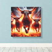 Stieren laden door een vurig landschap canvas afdruk (Insitu (Houten vloer))