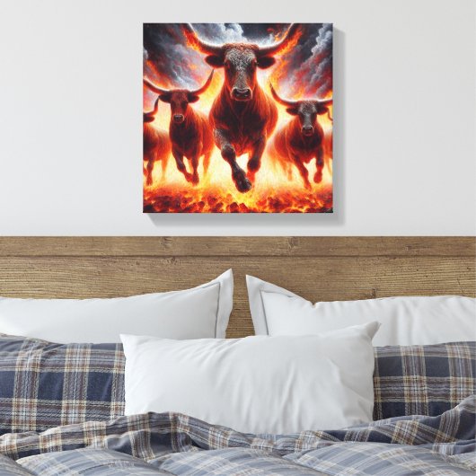 Stieren laden door een vurig landschap canvas afdruk (Insitu (Slaapkamer))