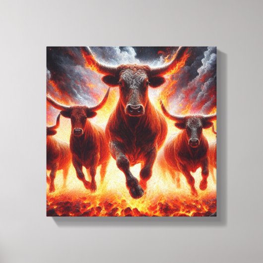 Stieren laden door een vurig landschap canvas afdruk (Voorkant)