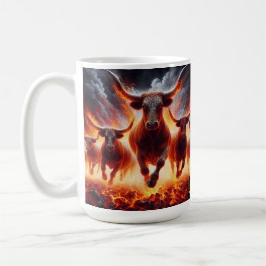 Stieren laden door een vurig landschap koffiemok (Links)
