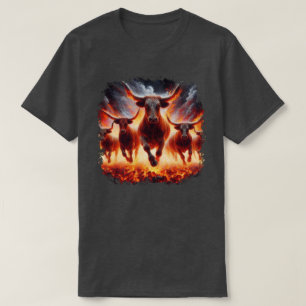 Stieren laden door een vurig landschap t-shirt