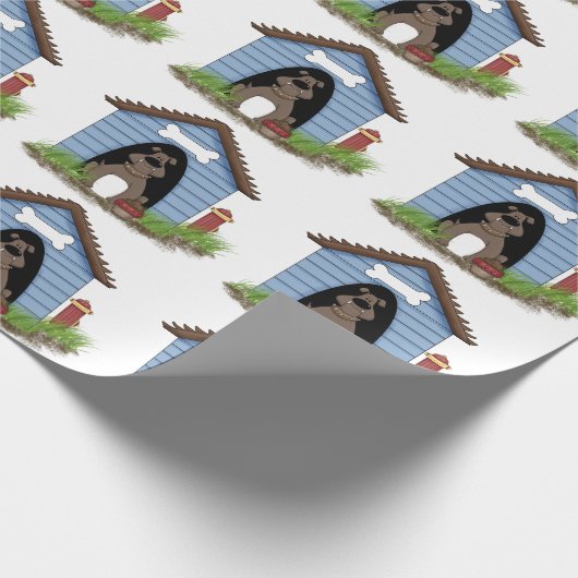 stierenhond in een hondenhuis met hydrant cadeaupapier (Hoek)