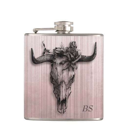 Stierenschedel en roos strepen Rose goud monogram Heupfles (Voorkant)